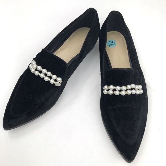 Marc Fisher Black Velvety Kneel Pearl Embellished Pointed Toe Slip On Loafer - Picture 8 of 16